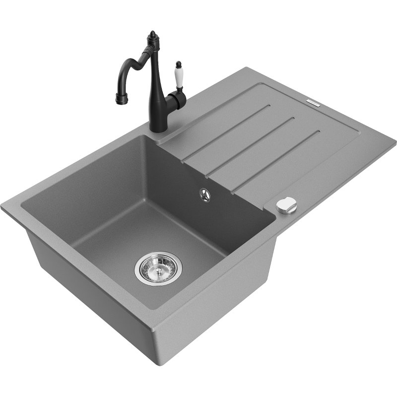 Mexen Bruno гранитна мивка с една камера и отцедник с кухненски смесител Carla, сив - 6513-71-670700-70