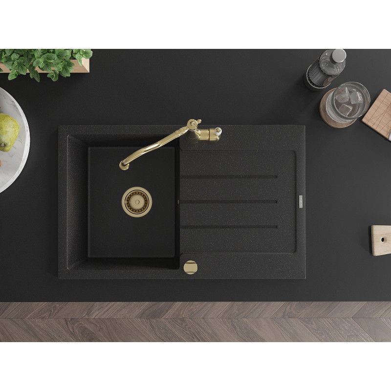 Mexen Bruno гранитна мивка с една камера с отцедник и кухненски смесител Carla, черен/сребрист металик - 6513-73-670700-50