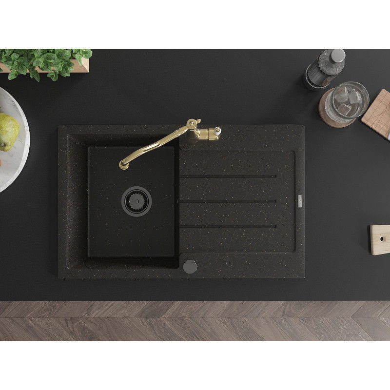 Mexen Bruno гранитна мивка с 1 отделение с отцедник и кухненски смесител Карла, черен/златист металик - 6513-75-670700-50-B