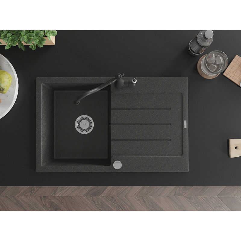 Mexen Bruno гранитна мивка с 1 отделение с отцедник и кухненски кран Carla, черен на точки - 6513-76-670700-70