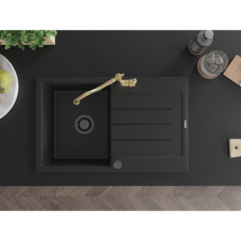 Mexen Bruno гранитна мивка с една камера и отцедник с кухненски смесител Carla, черен - 6513-77-670700-50-B