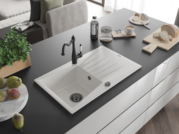 Mexen Cesar гранитна кухненска мивка с 1 отделение и отцедник и кухненски смесител Carla, бял - 6514-20-670700-70