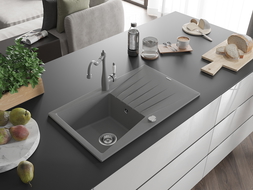 Mexen Cesar гранитна мивка с една камера и отцедник и кухня батерия Carla, сив - 6514-71-670700-71
