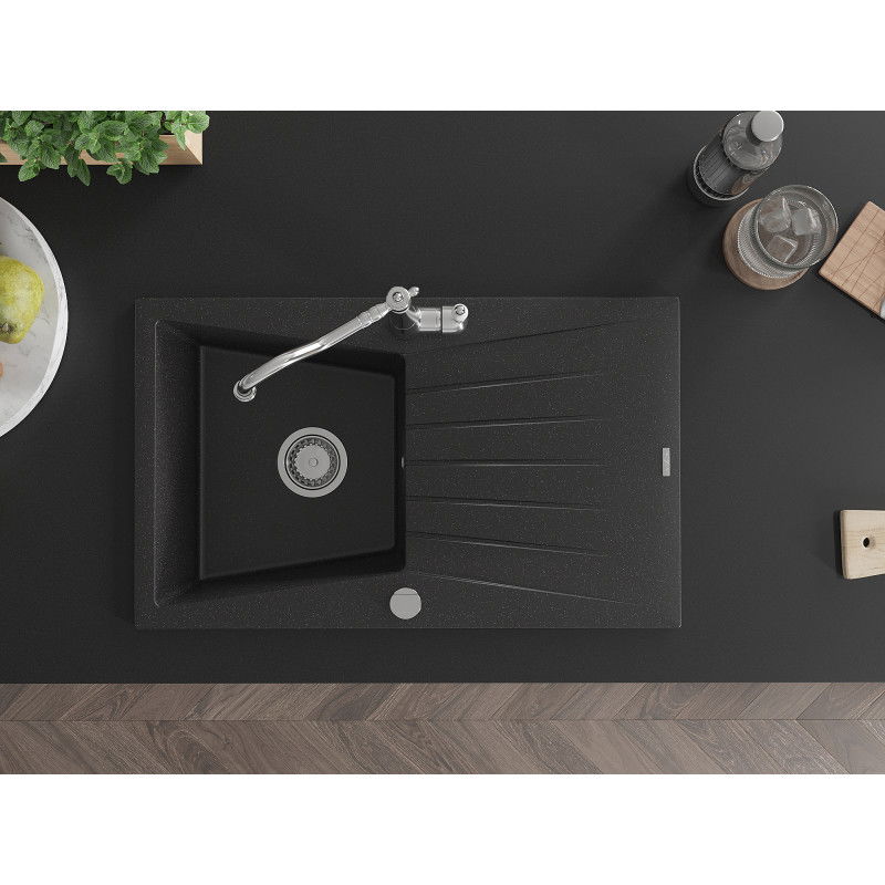 Mexen Cesar гранитна мивка с една камера с отцедник и кухненски смесител Carla, черен/сребрист металик - 6514-73-670700-00