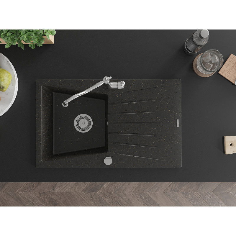 Mexen Cesar гранитна мивка с 1 корито с отцедник и кухненски смесител Carla, черен/златен металик - 6514-75-670700-00