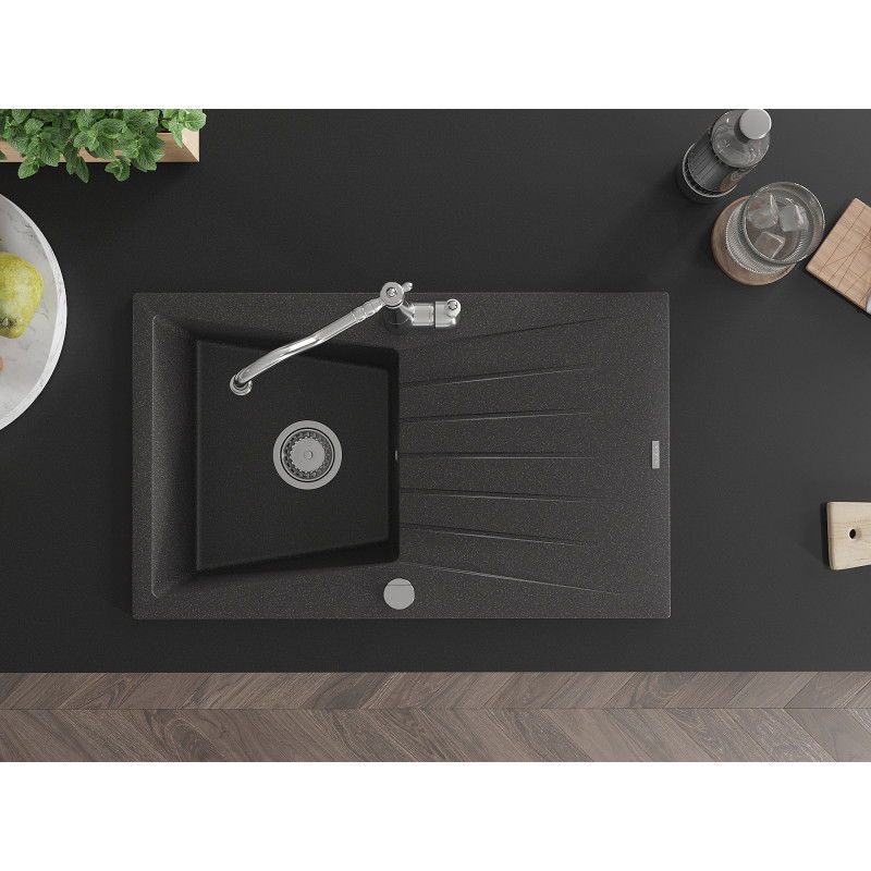 Mexen Cesar еднокамерен гранитен мивка с отцедник и кухненски смесител Carla, черен с пръски - 6514-76-670700-00