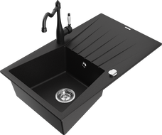 Mexen Cesar гранитна мивка с 1 отделение с отцедник и кухненски смесител Carla, черен - 6514-77-670700-70