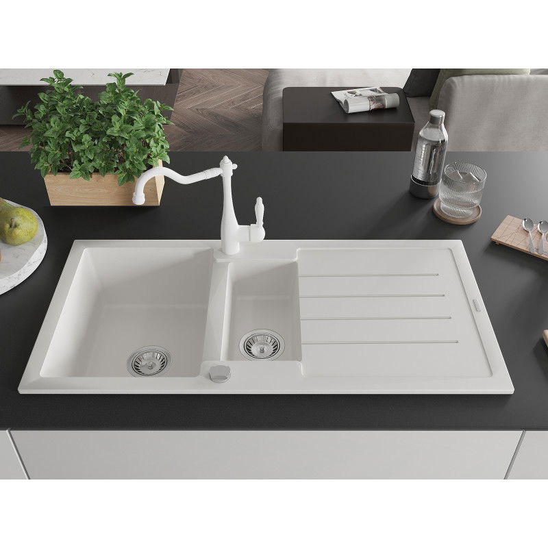 Mexen Andres гранитна мивка с 1,5 камери с отцедник и кухненски смесител Carla, бял - 6515-20-670700-20