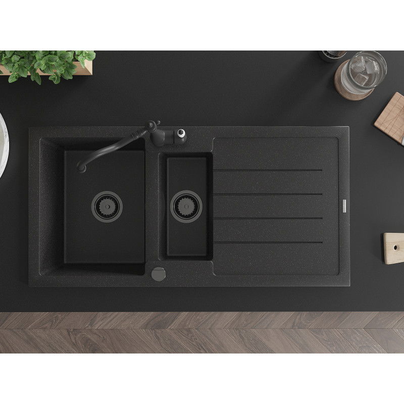 Mexen Andres гранитна мивка 1,5 камери със сушилник и кухненски смесител Carla, черно/сребърно - 6515-73-670700-70-B