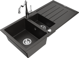 Mexen Andres гранитна мивка с 1,5 камери с отцедник и кухненски смесител Carla, черен/златен металик - 6515-75-670700-00