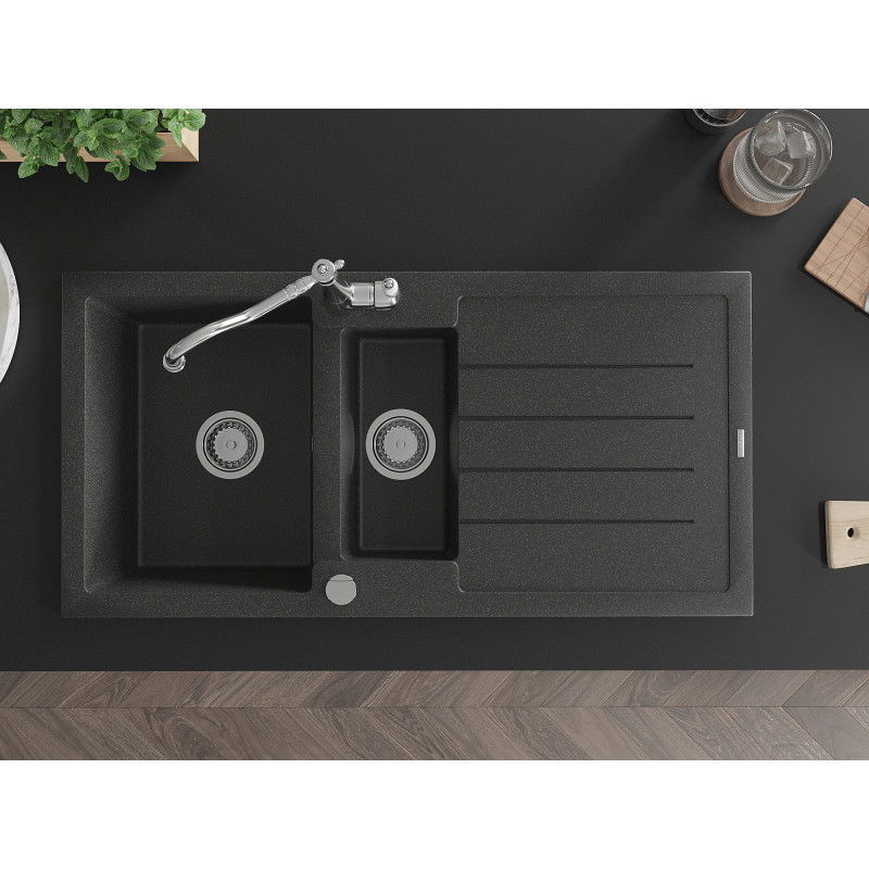 Mexen Andres гранитна кухненска мивка 1,5-камерна с отцедник и кухненски смесител Carla, черен на пръски - 6515-76-670700-00
