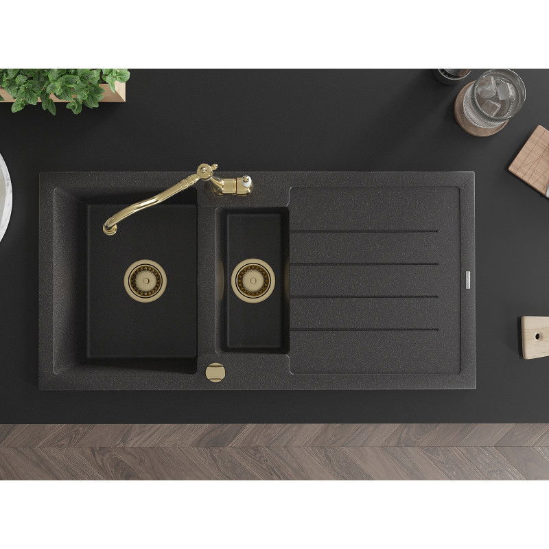 Mexen Andres гранитна мивка с 1,5 камери с отцедник и кухненски смесител Carla, черно на точки - 6515-76-670700-50