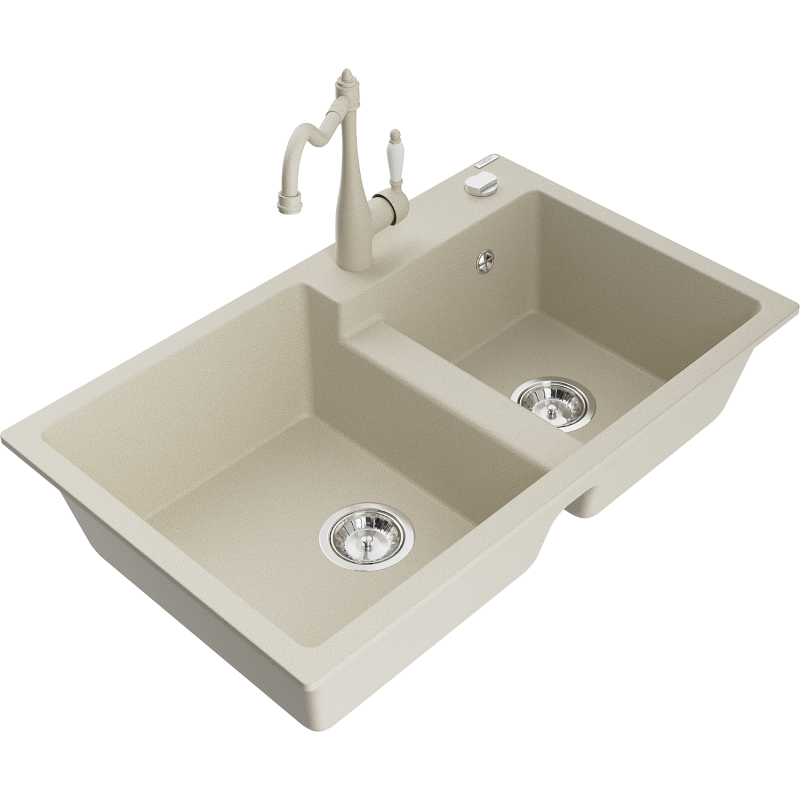 Mexen Tomas гранитна мивка с две отделения с кухненски смесител Carla, бежов