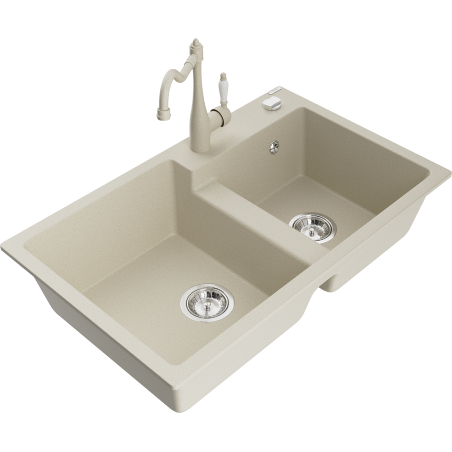 Mexen Tomas гранитна мивка с две отделения с кухненски смесител Carla, бежов