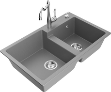 Mexen Tomas гранитна кухненска мивка с две корита и смесител Carla, сива