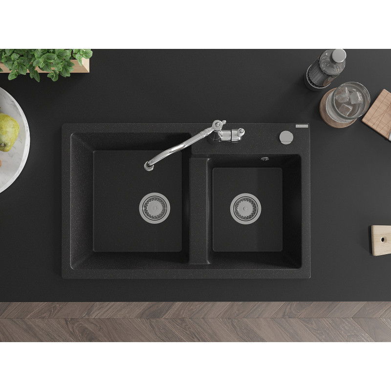 Mexen Tomas кухненска мивка от гранит, 2-коморна с кухненски смесител Carla, черен/сребърен металик - 6516-73-670700-00