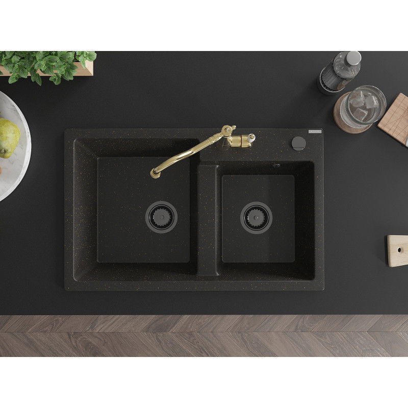 Mexen Tomas двоен гранитен мивка с кухненски смесител Carla, черен/златист металик - 6516-75-670700-50-B