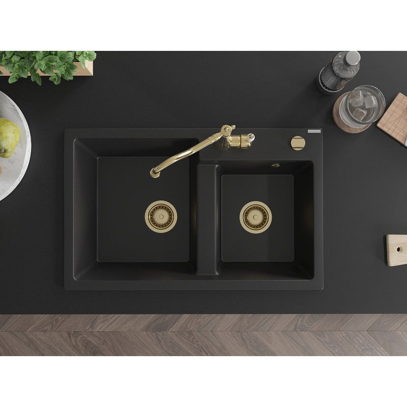 Mexen Tomas гранитна мивка с две отделения с кухненски смесител Carla, черен - 6516-77-670700-50