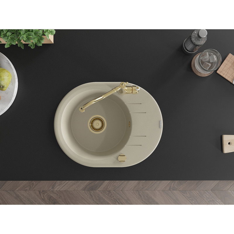 Mexen Kevin гранитна мивка с една камера, отцедник и кухненски смесител Carla, бежов - 6517-69-670700-50