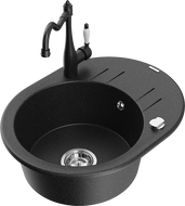 Mexen Kevin мивка от гранит с една камера с отцедник и кухненски смесител Carla, черен/сребърен металик - 6517-73-670700-70