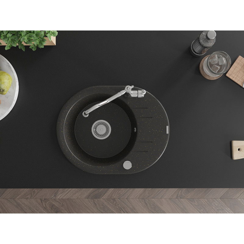 Mexen Kevin гранитна мивка с 1 камера с отцедник и кухненски смесител Carla, черно/златист металик - 6517-75-670700-00