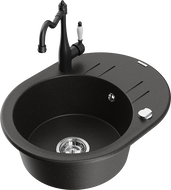 Mexen Kevin мивка от гранит с 1 отделение с отцедник и кухненски смесител Carla, черен/златен металик - 6517-75-670700-70