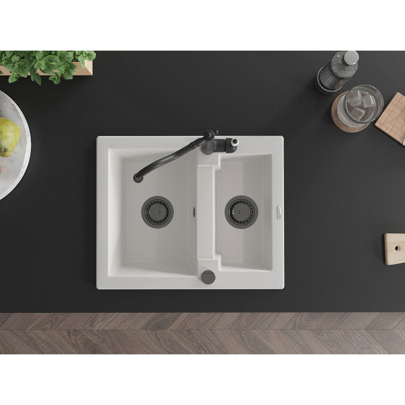Mexen Carlos гранитна мивка 1,5-камерна с кухненски смесител Carla, бял - 6518-20-670700-70