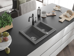 Mexen Carlos гранитна мивка с 1,5 камери с кухненски смесител Carla, сив