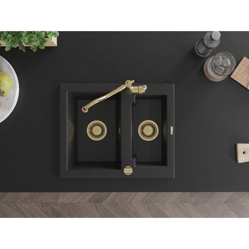 Mexen Carlos гранитна мивка 1,5-камерна с кухненски смесител Carla, черен/сребърен металик - 6518-73-670700-50