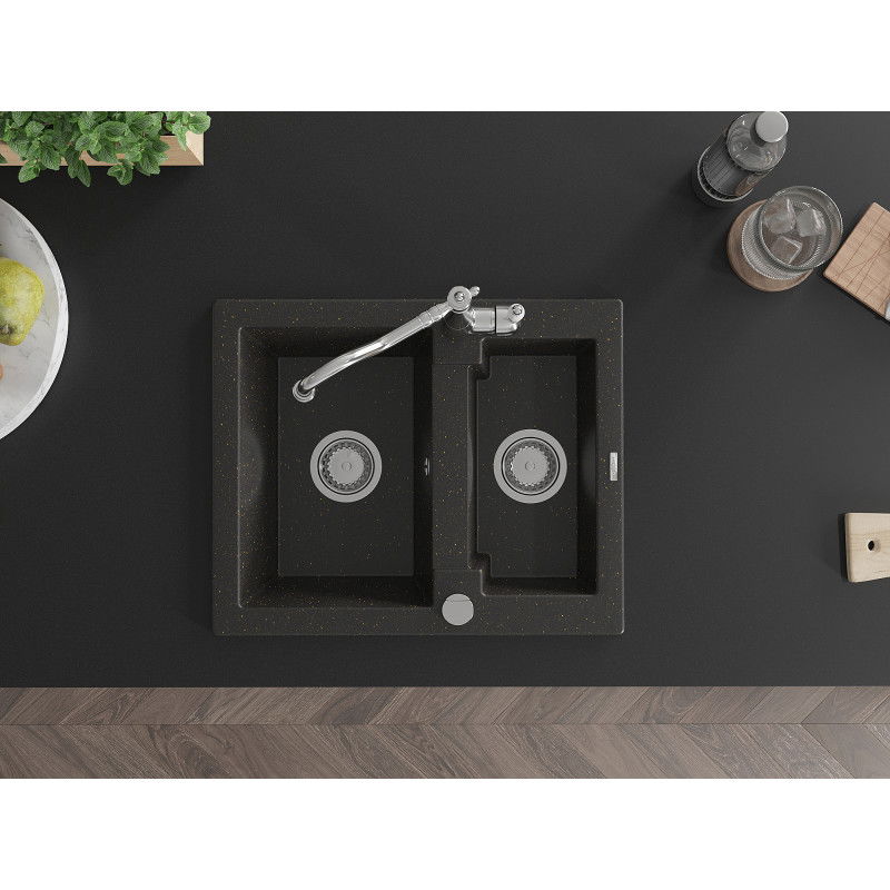 Mexen Carlos мивка от гранит с 1,5 камери с кухненски смесител Carla, черен/златен металик - 6518-75-670700-00