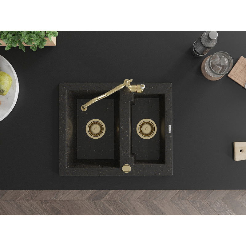 Mexen Carlos кухненска мивка от гранит с 1,5 камери и кухненски смесител Carla, черно/златист металик - 6518-75-670700-50