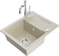 Mexen Enzo гранитна кухненска мивка с 1 отделение и отцедник, с кухненски смесител Carla, бежов - 6506-69-670700-00