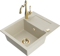 Mexen Enzo кухненска мивка гранитна 1-камерна с отцедник и кухненски смесител Carla, бежова - 6506-69-670700-50