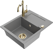 Mexen Enzo еднокамерен гранитен мивка с отцедник и кухненски смесител Carla, сив - 6506-71-670700-50