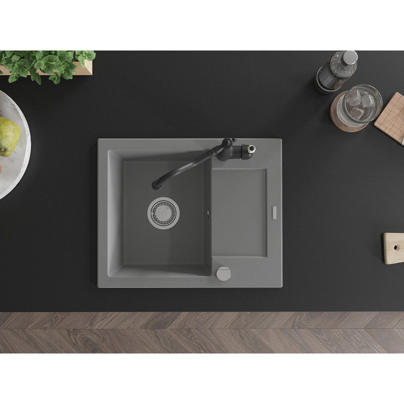 Mexen Enzo гранитна мивка с 1 отделение и сушилня и кухненски смесител Carla, сива - 6506-71-670700-70