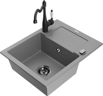 Mexen Enzo гранитна мивка с едно корито и отцедник и кухненски смесител Carla, сив - 6506-71-670700-70-B
