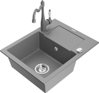 Mexen Enzo гранитна мивка с 1 отделение, с отцедник и кухненски смесител Carla, сив - 6506-71-670700-71