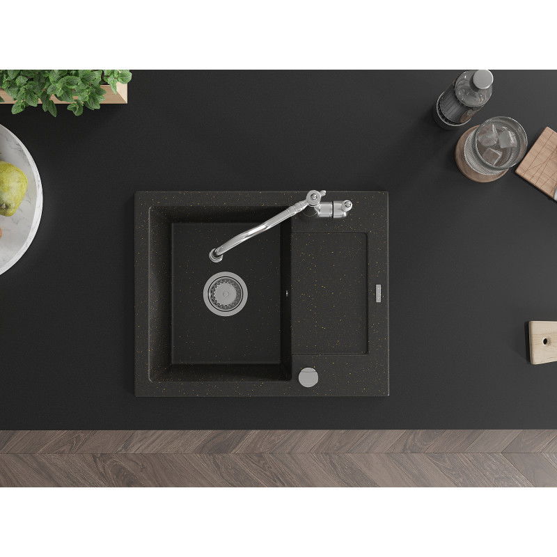 Mexen Enzo гранитна кухненска мивка с 1 корито с отцедник и кухненски смесител Carla, черен/златист металик - 6506-75-670700-00