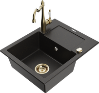 Mexen Enzo гранитна мивка с 1 отделение и отцедник и кухненски смесител Carla, черен/златен металик - 6506-75-670700-50