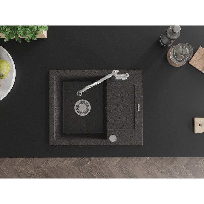 Mexen Enzo гранитна мивка с 1 отделение с капковник и кухненски смесител Carla, черен на петна - 6506-76-670700-00