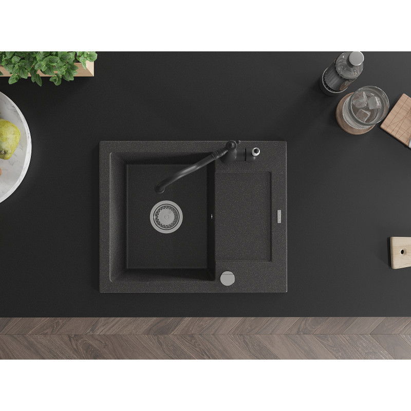Mexen Enzo гранитна мивка с 1 корито с отцедник и кухненски смесител Carla, черен на петна - 6506-76-670700-70