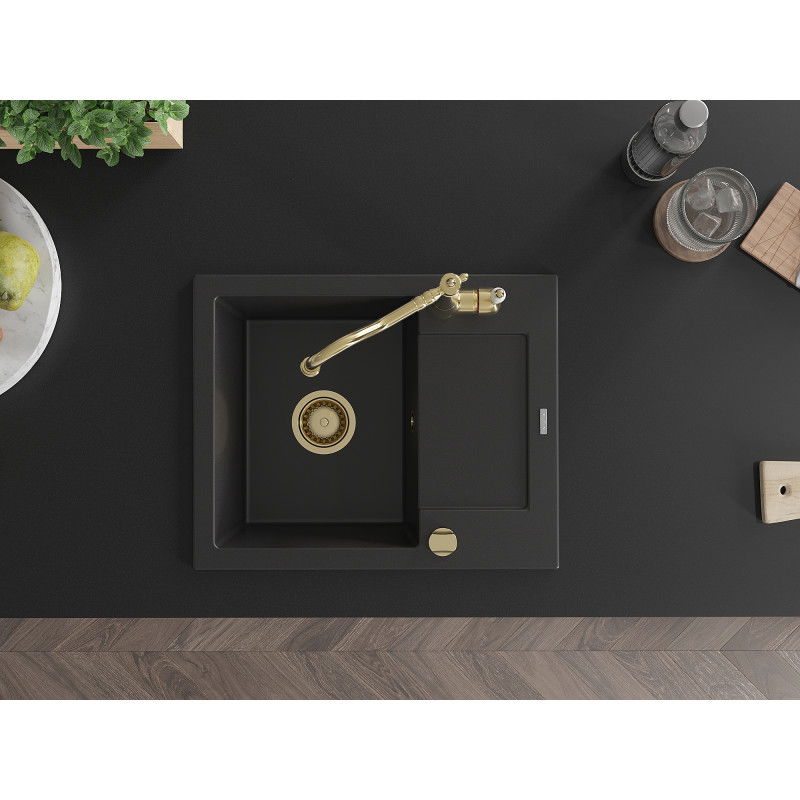 Mexen Enzo еднокоморна гранитна мивка с отцедник и кухненски смесител Carla, черен - 6506-77-670700-50