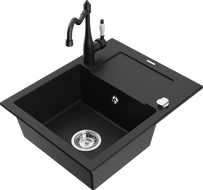 Mexen Enzo гранитна кухненска мивка с 1 корито и дренаж, и кухненски смесител Carla, черен - 6506-77-670700-70