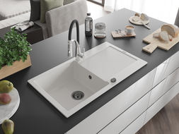 Mexen Leo гранитна мивка с 1 отделение със сушилня и кухненски смесител Aster, бяла - 6501-20-73450-07-B