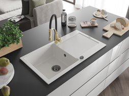 Mexen Leo гранитна кухненска мивка с 1 корито и отцедник и кухненски смесител Aster, бял - 6501-20-73450-57-B