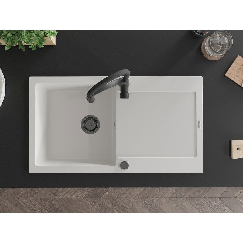 Mexen Leo гранитна мивка с 1 отделение с отцедник и кухненски смесител Aster, бял - 6501-20-73450-70-B