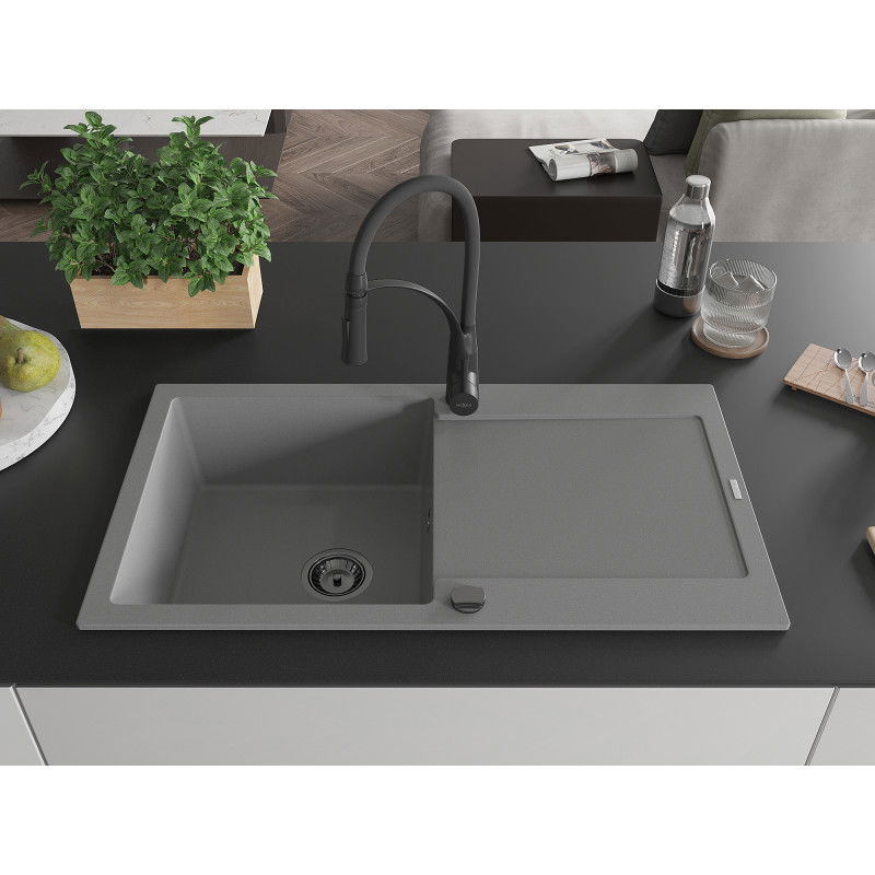 Mexen Leo кухненска мивка от гранит с 1 корито и отцедник и кухненски смесител Aster, сив - 6501-71-73450-70-B