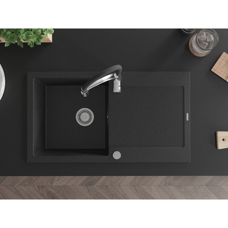 Mexen Leo гранитна мивка с 1 камера с отцедник и кухненски смесител Aster, черна/сребрист металик - 6501-73-73450-07