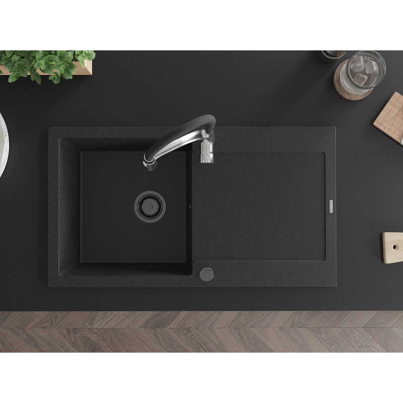 Mexen Leo гранитна мивка с 1 отделение с отцедник и кухненски смесител Aster, черен/сребърен металик - 501-73-73450-07-B