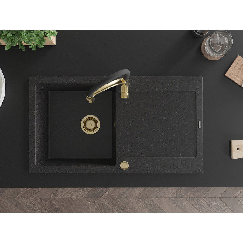 Mexen Leo гранитна мивка с 1 отделение, отцедник и кухненски смесител Aster, черен/сребрист металик - 6501-73-73450-57-G